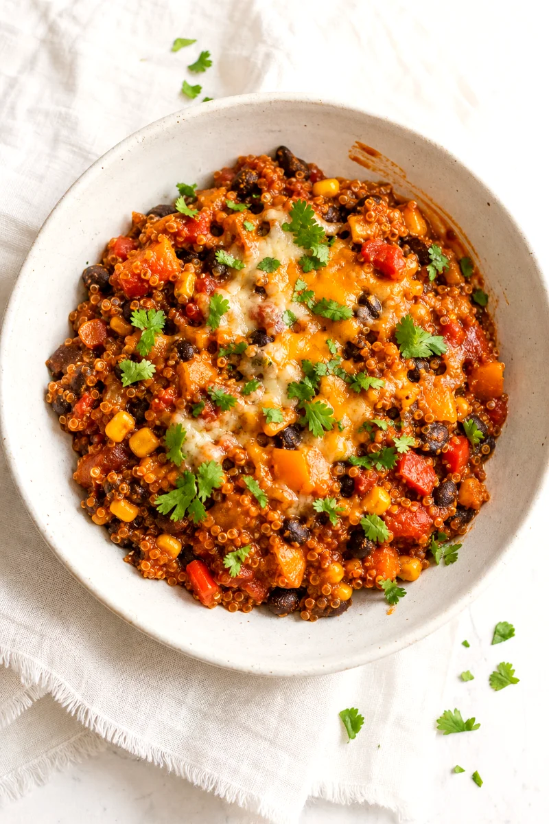 top-down-cheesy-quinoa-black-bean-enchilada-bowl