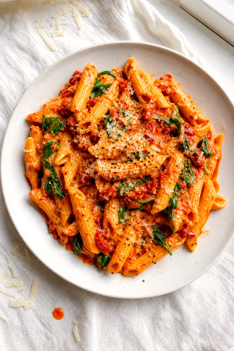 top-down-creamy-sun-dried-tomato-red-lentil-pasta