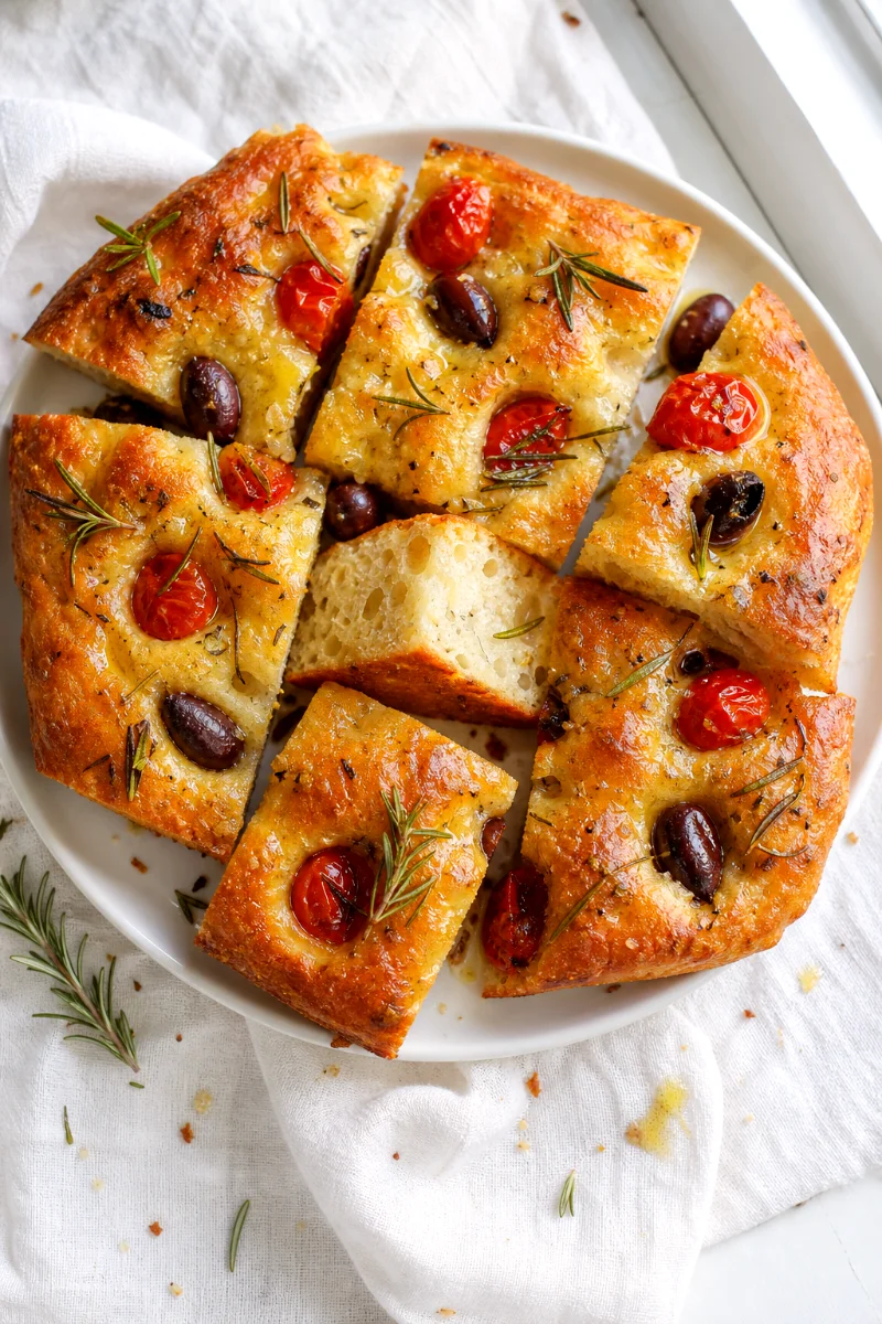 top-down-finished-focaccia-olives-tomatoes-rosemary