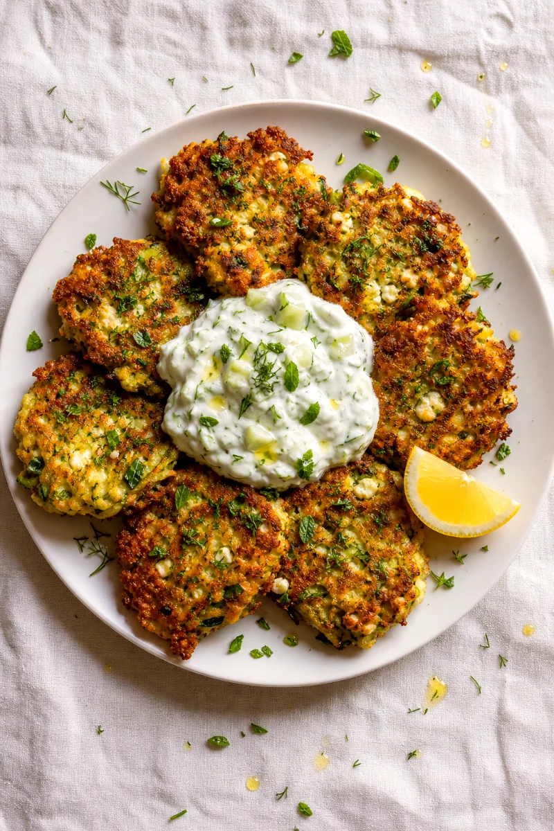 top-down-greek-zucchini-fritters-tzatziki