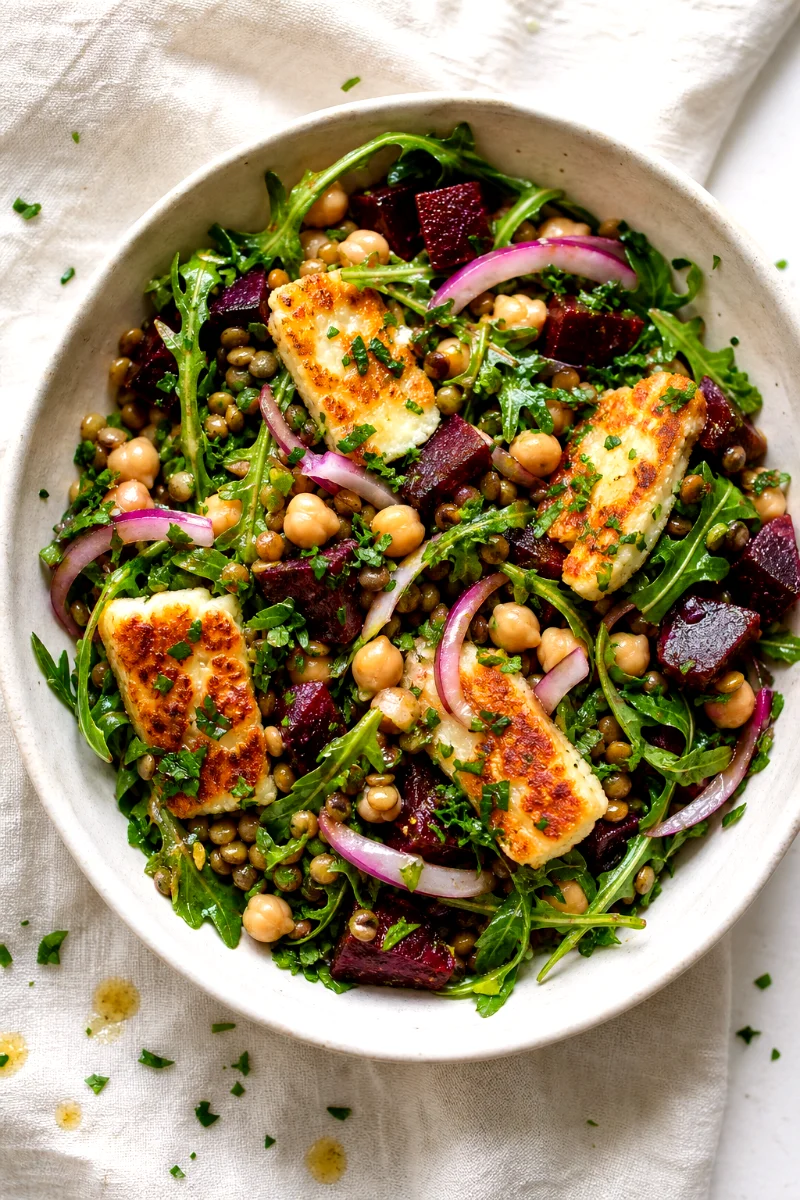 top-down-halloumi-lentil-chickpea-beet-salad
