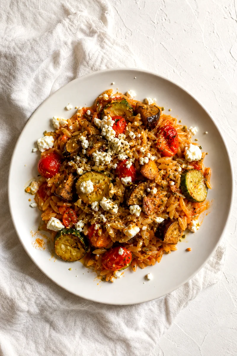 top-down-roasted-tomato-eggplant-orzo-casserole