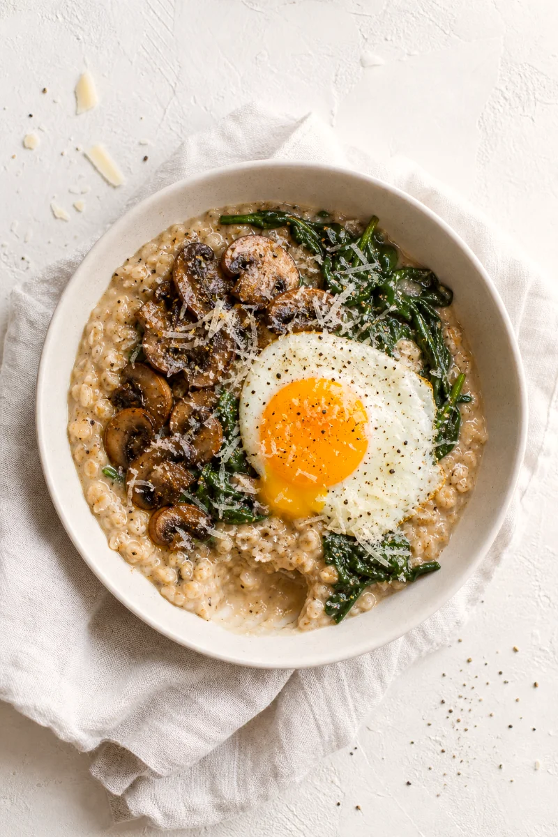 top-down-savory-mushroom-spinach-oatmeal-bowl