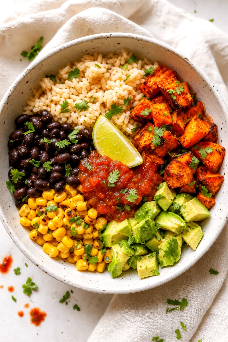 top-down-sweet-potato-black-bean-burrito-bowl