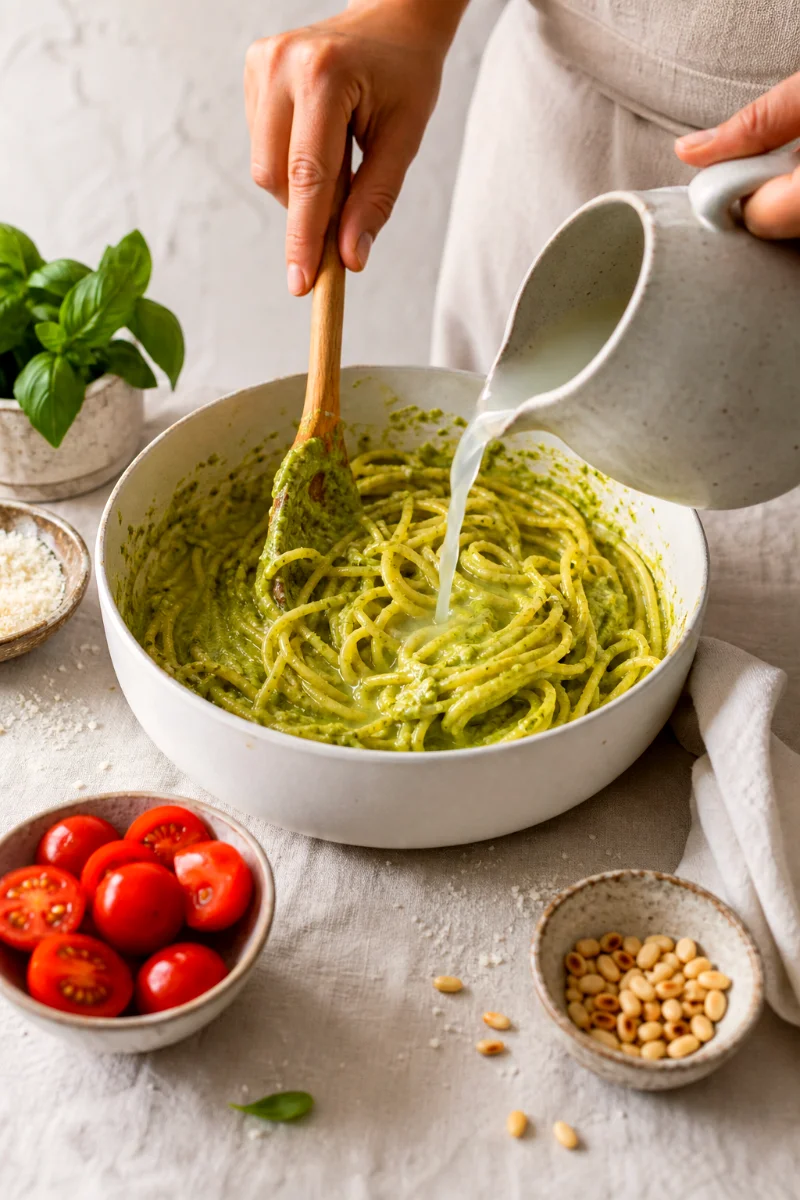 tossing-avocado-pesto-pasta