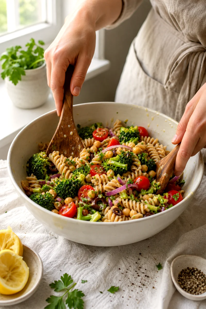 tossing-broccoli-chickpea-pasta-salad