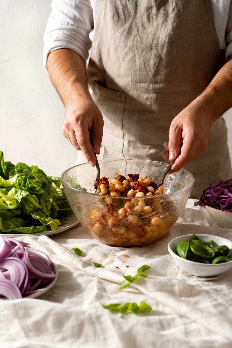 white-bean-sun-dried-tomato-salad-tossing-process