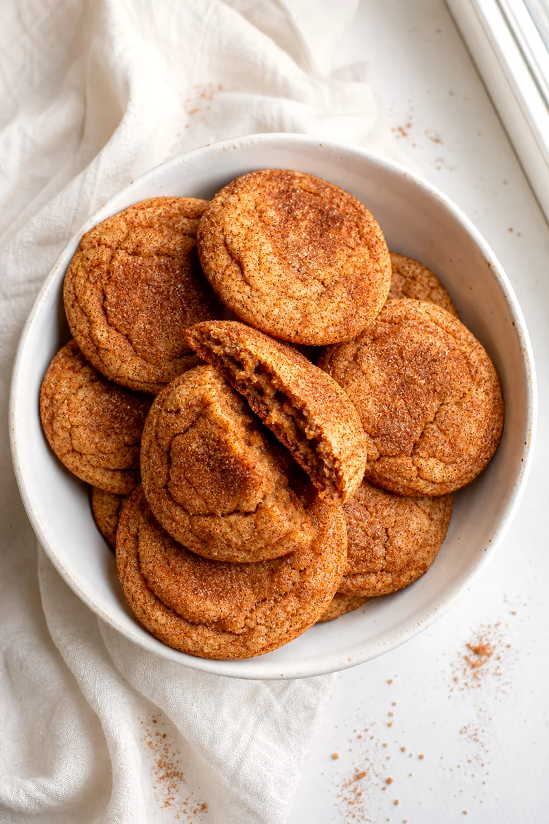 Bowl of apple butter snickerdoodles with one broken cookie showing a soft center
