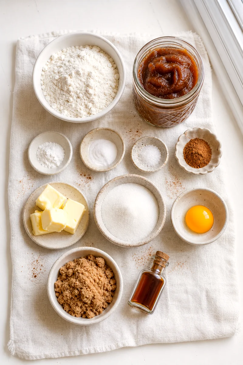 Measured flour, sugars, spices, butter, apple butter, egg yolk, and vanilla arranged on white linen