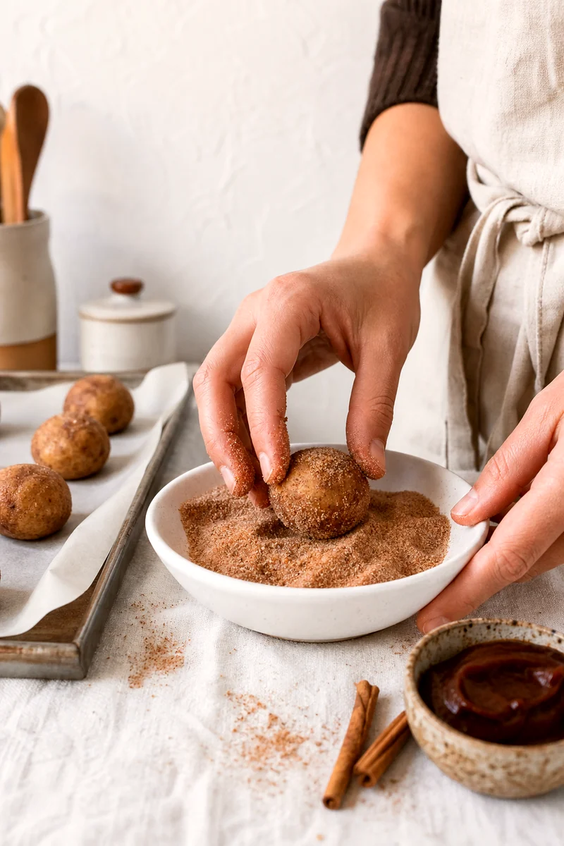 Hands coating apple butter cookie dough balls in cinnamon sugar before baking