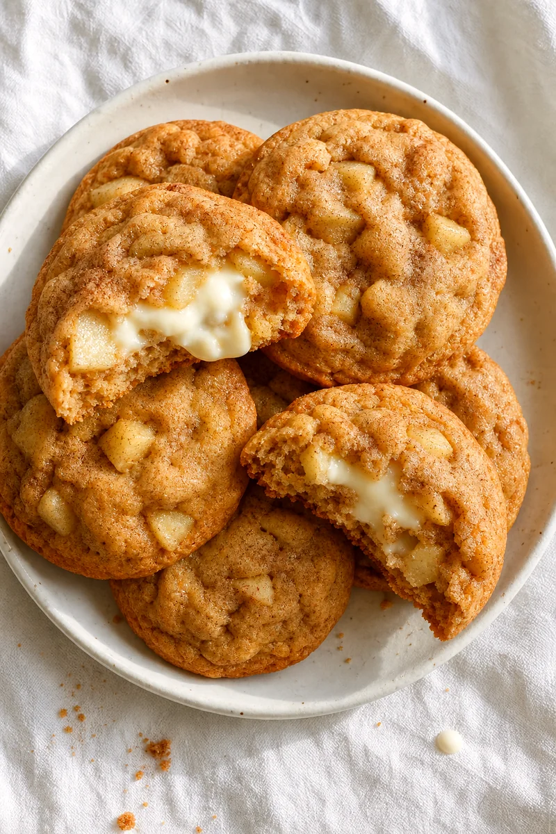 Golden apple cinnamon cookies split open with cheesecake filling visible