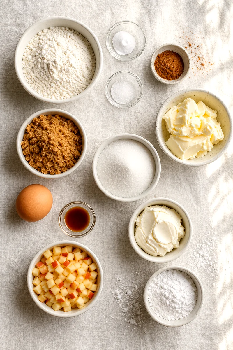 Measured flour, sugars, apples, cream cheese, egg, butter, vanilla, and cinnamon on white linen