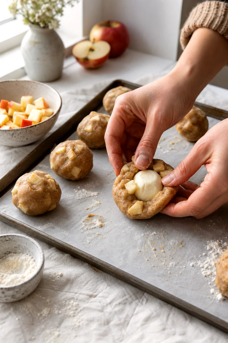 Hands sealing apple cinnamon cookie dough around a frozen cream cheese center