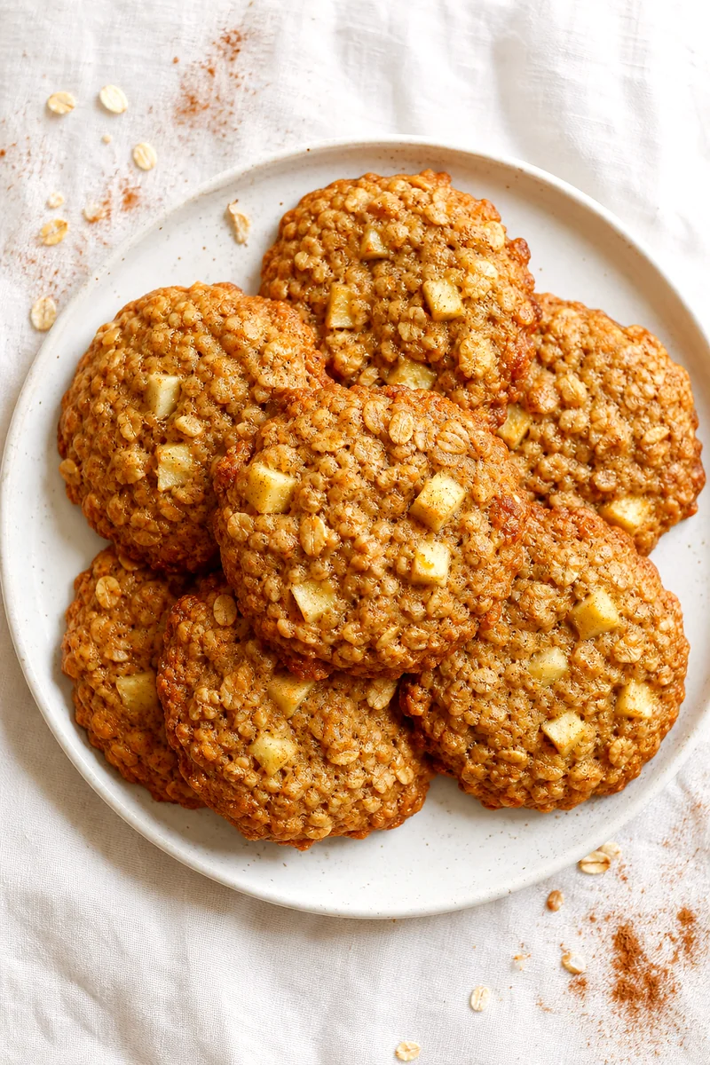 Golden apple cinnamon oatmeal cookies on a white ceramic plate with crumbs and oat flakes