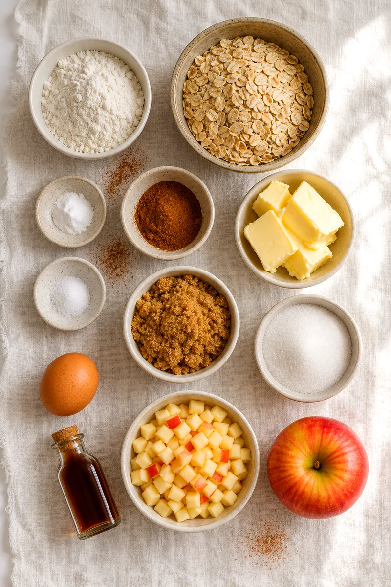 Measured oats, flour, sugars, butter, egg, cinnamon, vanilla, and diced apple on white linen