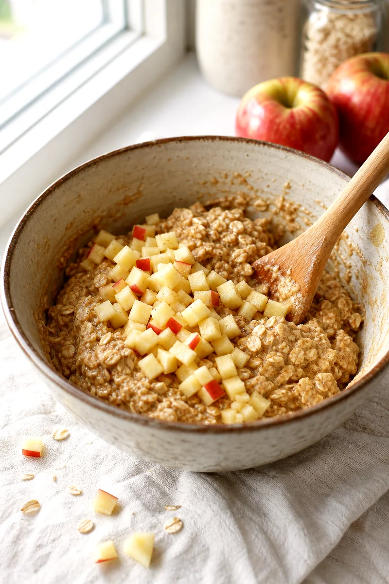 Wooden spoon folding diced apple into thick oatmeal cookie dough in a rustic bowl