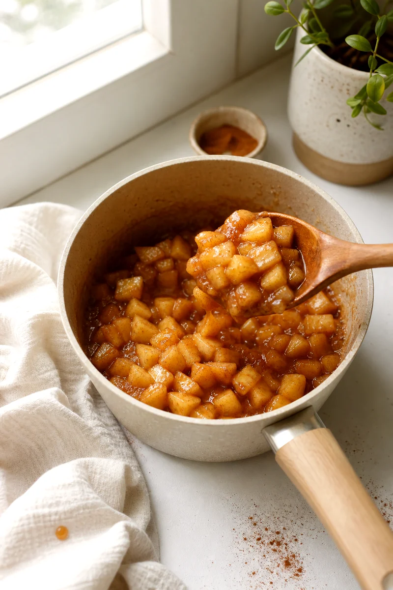 Glossy diced apple filling bubbling in a small saucepan with a wooden spoon