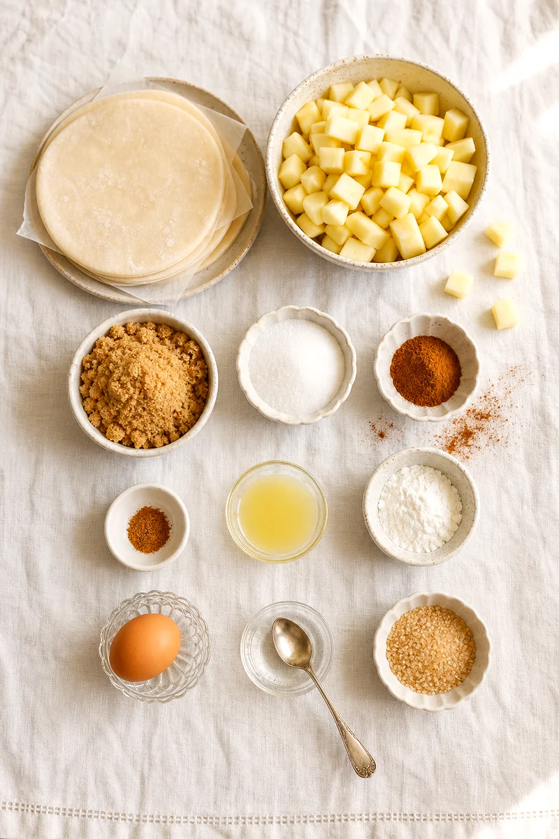 Pie crust rounds, diced apples, sugars, spices, lemon, cornstarch, egg, and coarse sugar on white linen