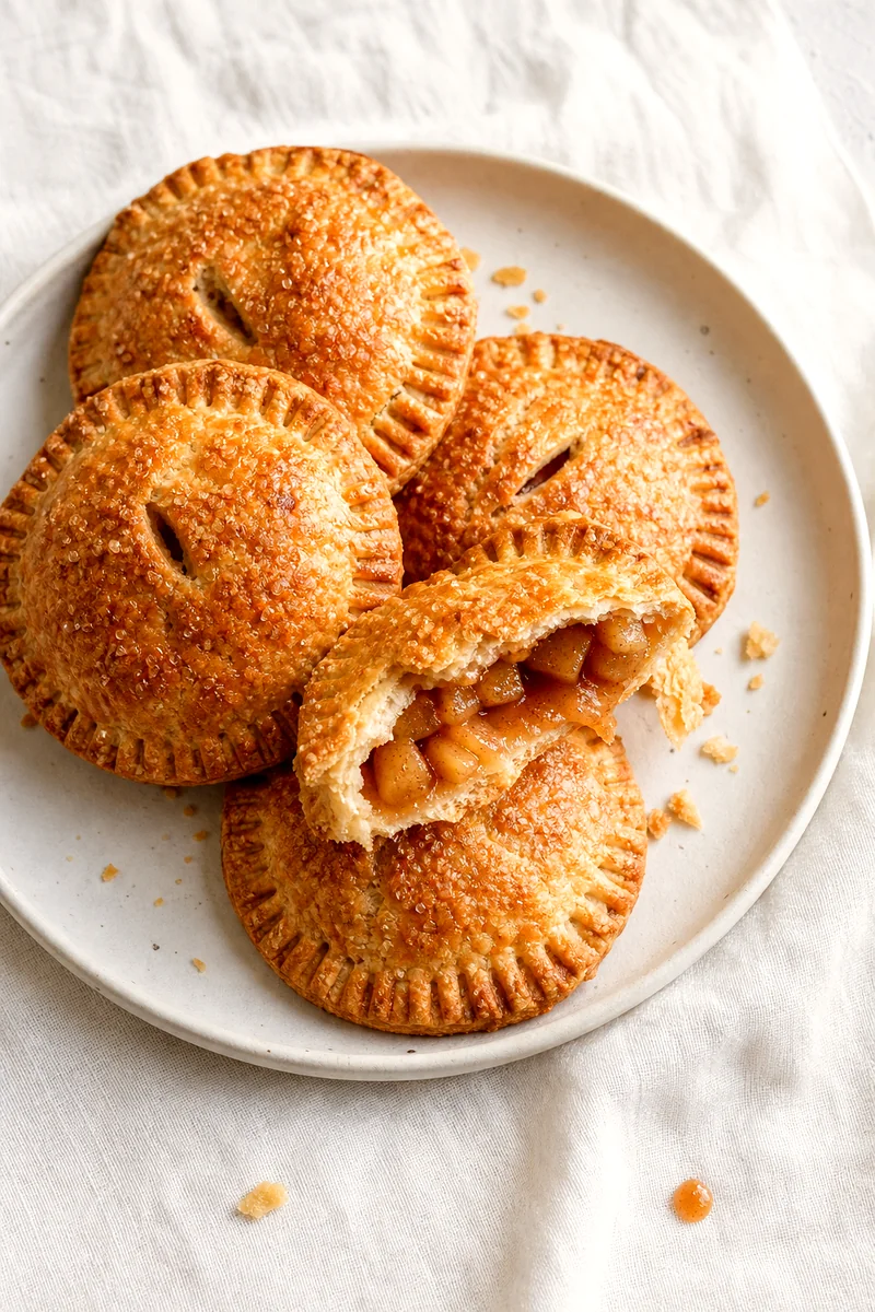 Top down view of apple pie cookies with one broken open to show cinnamon apple filling