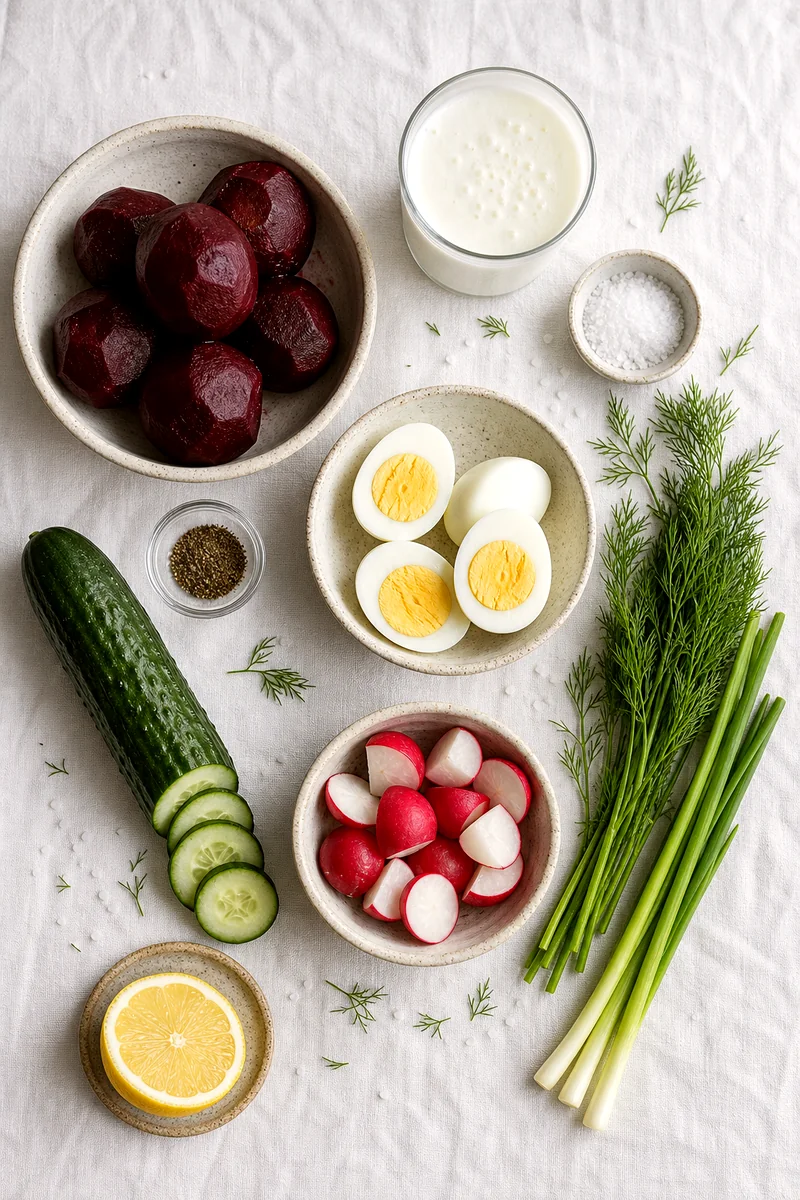 Cooked beets, kefir, cucumber, radishes, eggs, dill, green onions, lemon, salt, and pepper on white linen