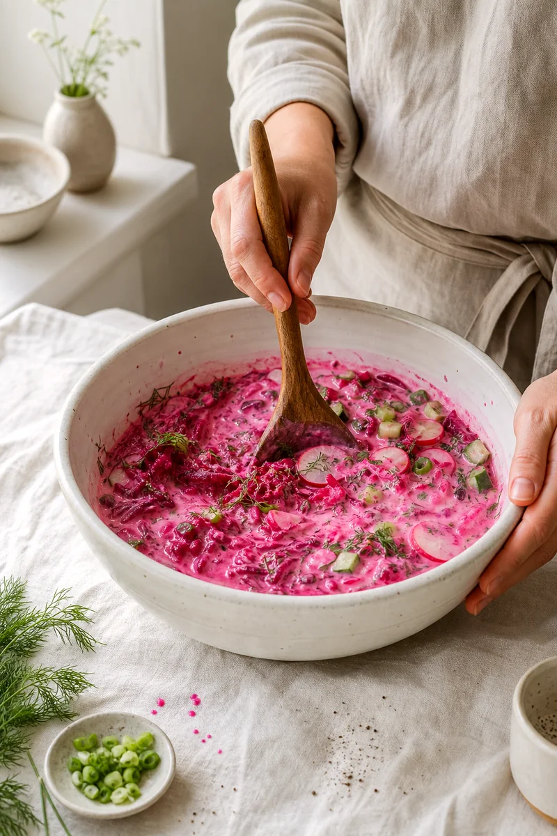 Hands stirring grated beets, kefir, cucumber, radishes, dill, and green onions in a white ceramic bowl