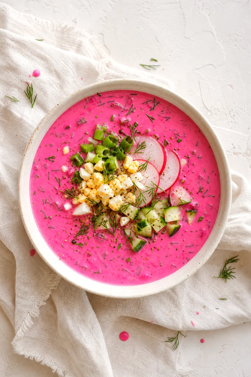 Overhead view of pink cold beet soup with egg, dill, cucumber, radishes, and green onions in a white bowl