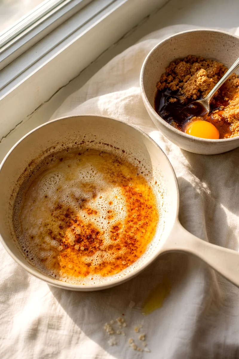 Golden brown butter with toasted specks in a pan beside cookie dough ingredients
