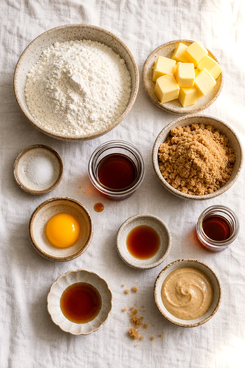 Bowls of flour, brown sugar, butter, maple syrup, egg yolk, extracts, salt, and maple cream