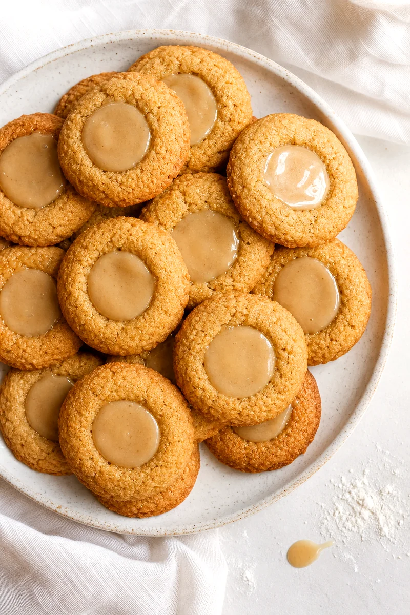 Maple cream filled brown butter thumbprint cookies arranged closely on a white plate