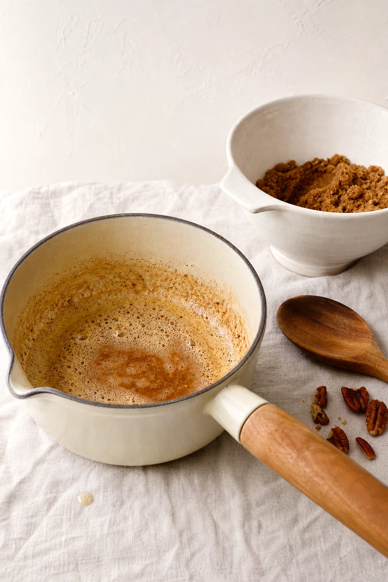 Foamy browned butter with amber specks cooking in a saucepan beside sugar and pecans