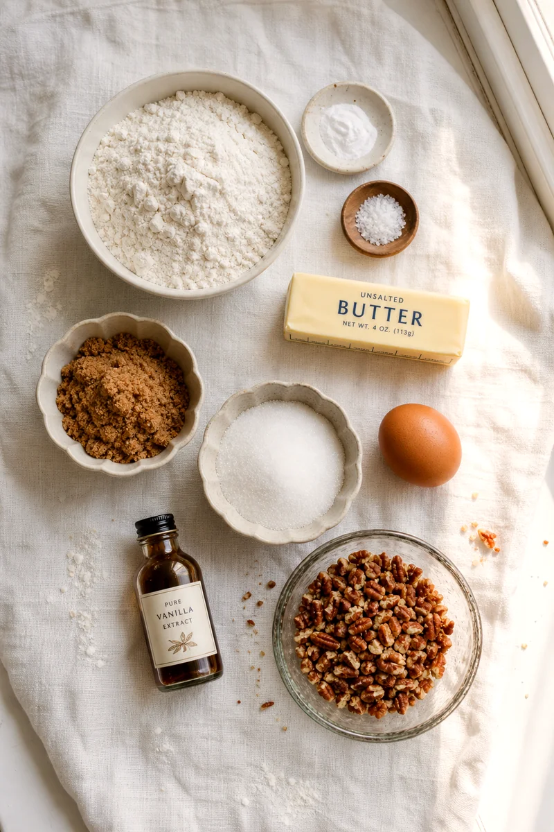 Cookie ingredients arranged on white linen including flour, butter, sugars, egg, vanilla, and pecans