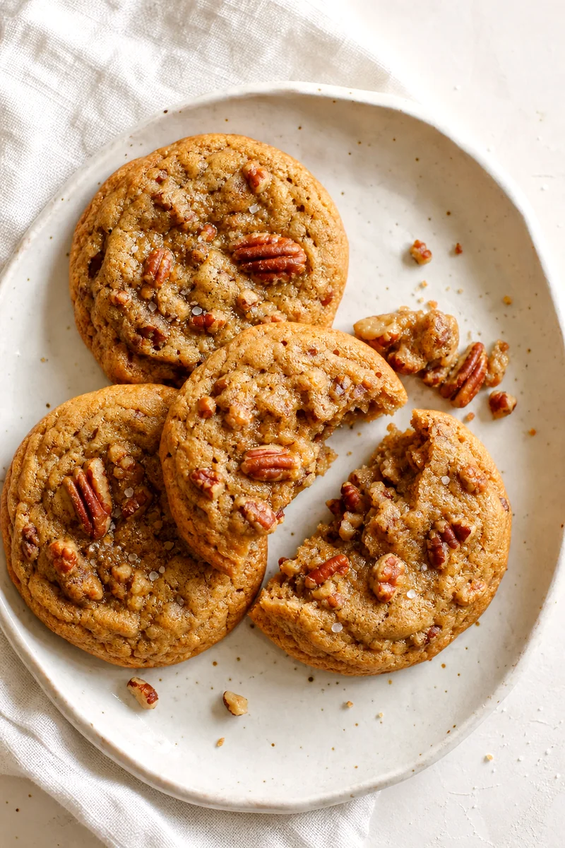 Top-down view of pecan cookies with one broken open to show a chewy center