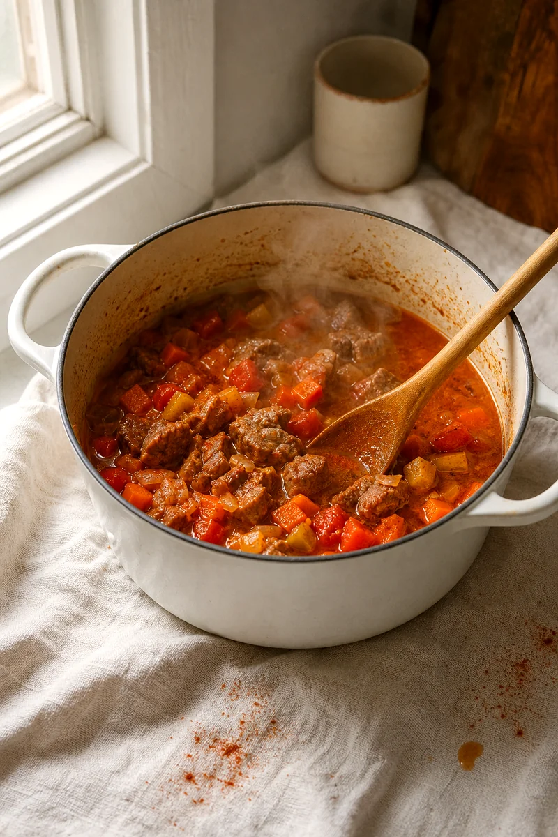 Browned lamb and vegetables simmering in broth inside a white pot