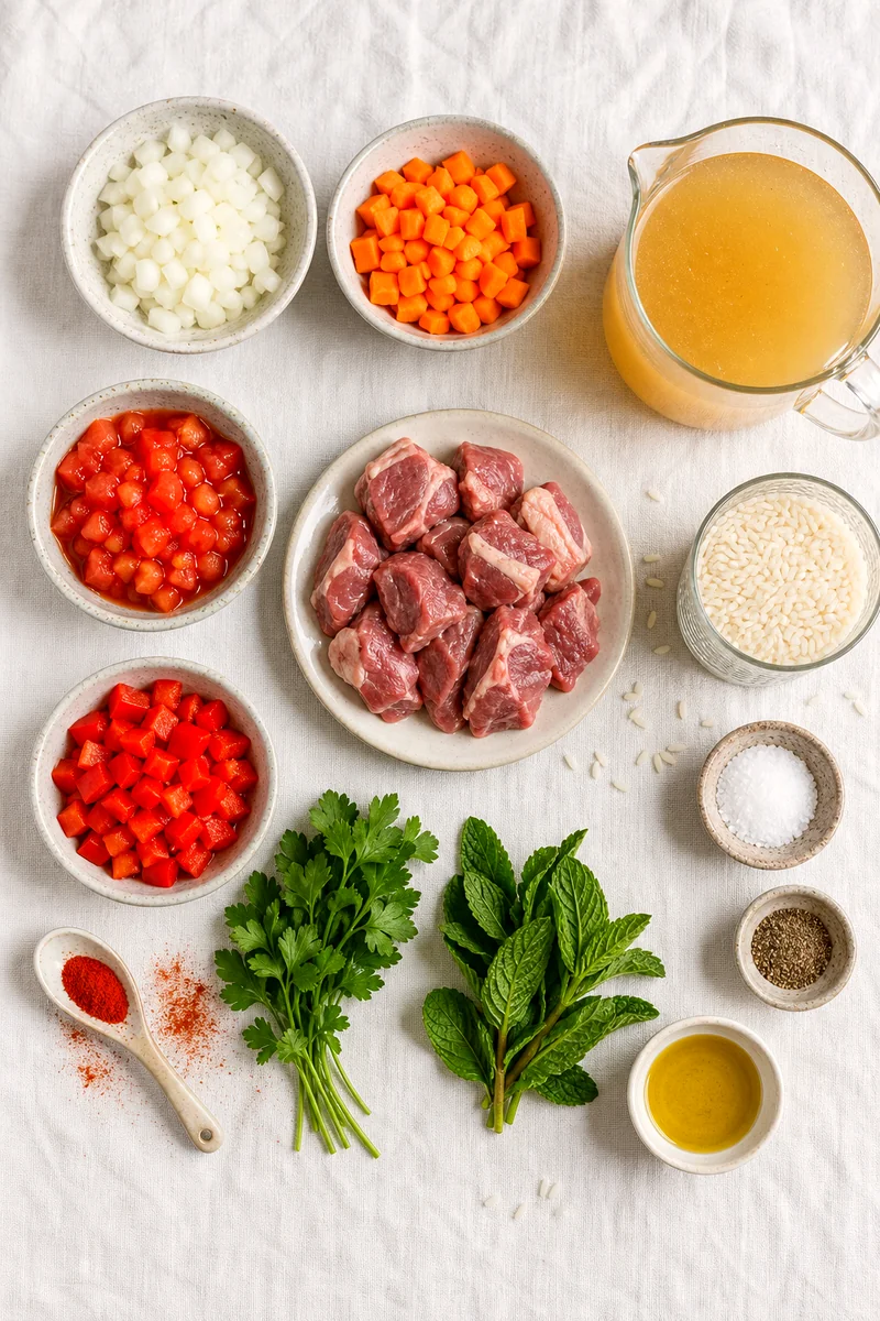 Lamb, rice, vegetables, herbs, broth, and spices arranged on white linen