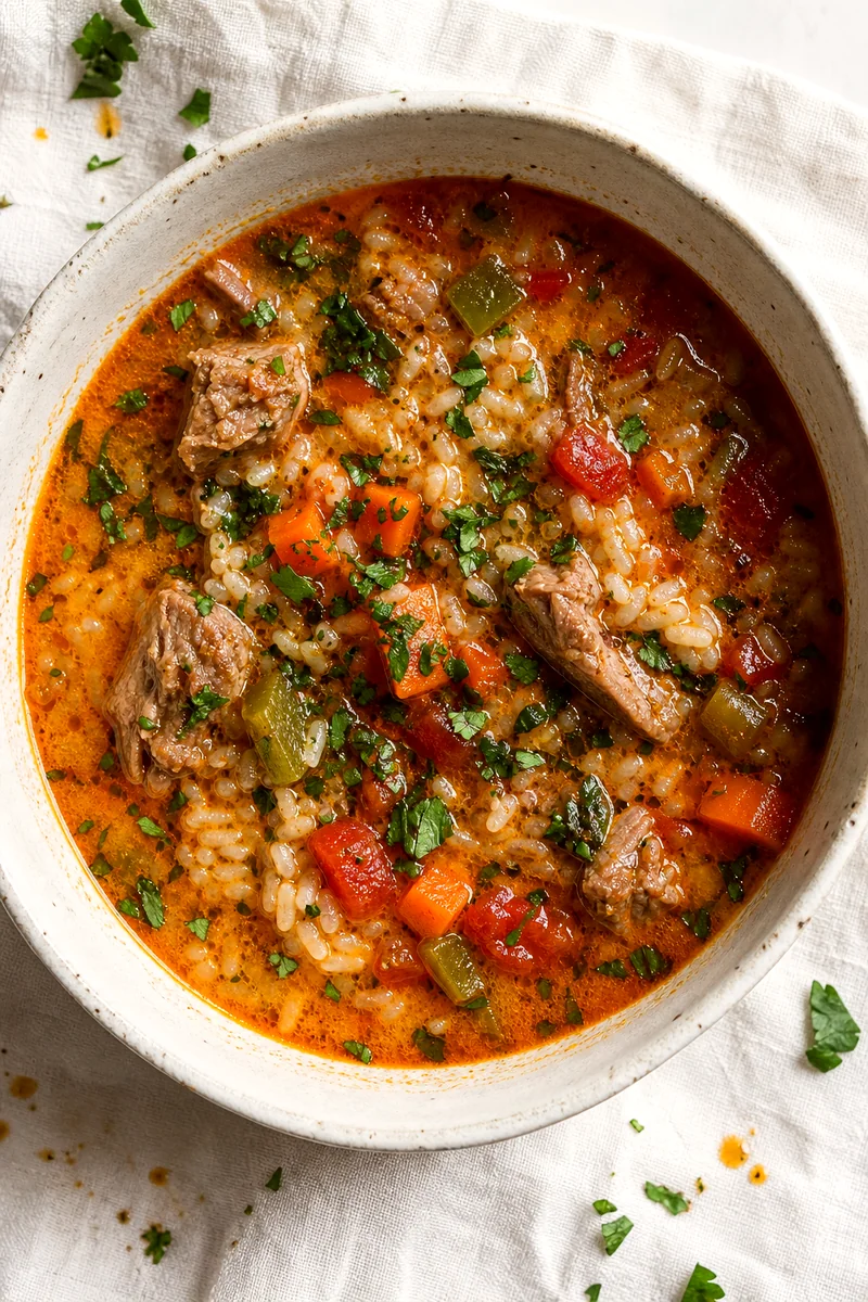 Top view of lamb rice soup with vegetables and fresh herbs