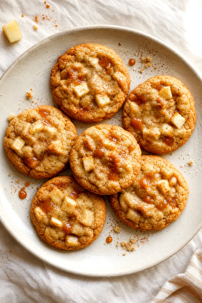 Chewy caramel apple cookies with golden edges arranged on a white ceramic plate