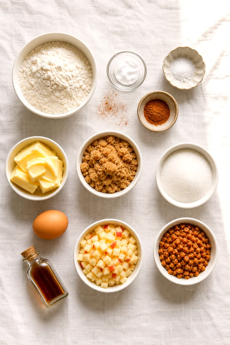 Measured flour, sugars, apple, caramel bits, egg, butter, cinnamon, and vanilla on white linen