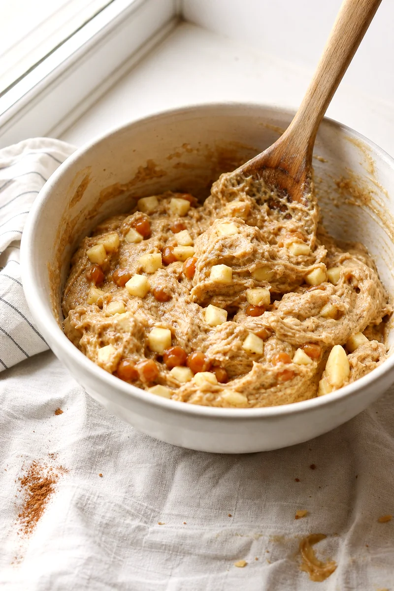 Wooden spoon folding diced apple and caramel bits into cinnamon cookie dough in a white bowl
