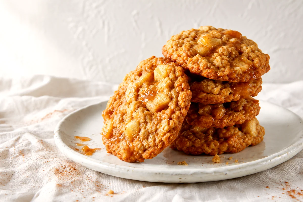 Chewy oatmeal cookies with apple pieces and melted caramel stacked on a white ceramic plate