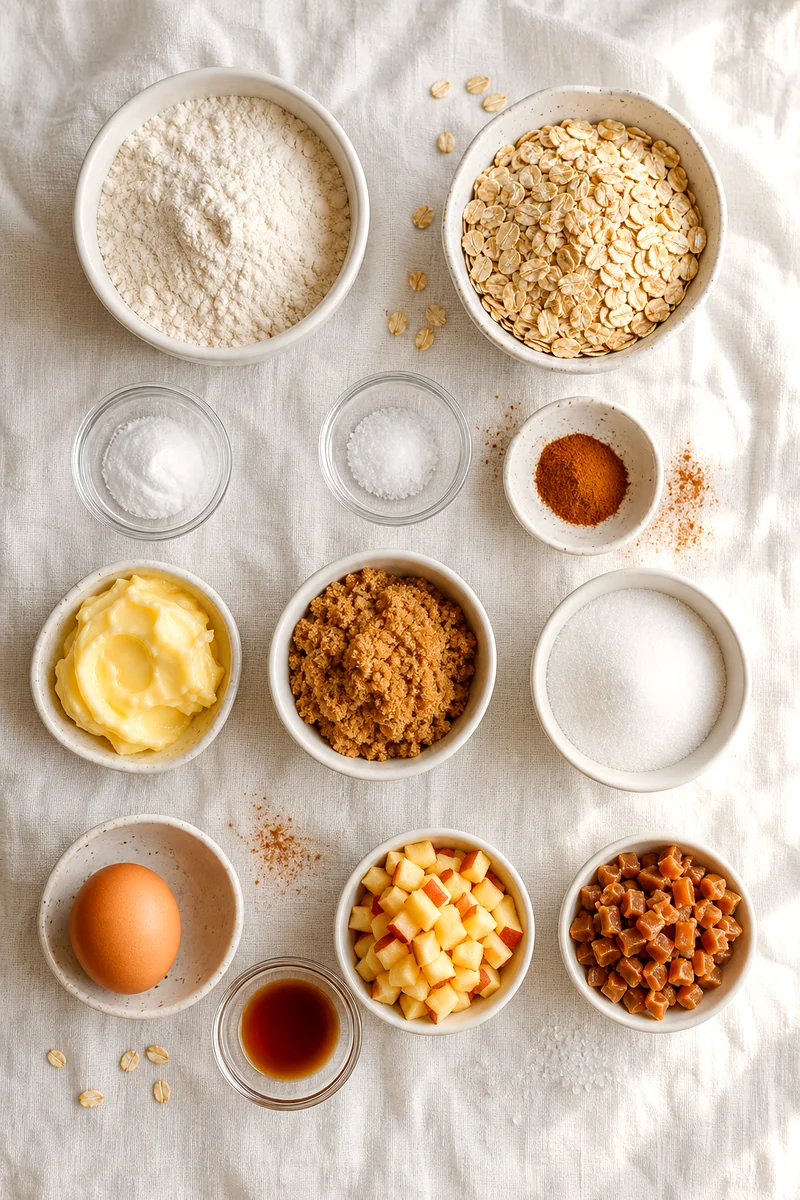 Measured cookie ingredients including oats, flour, apple, caramel bits, butter, sugars, egg, vanilla, and cinnamon
