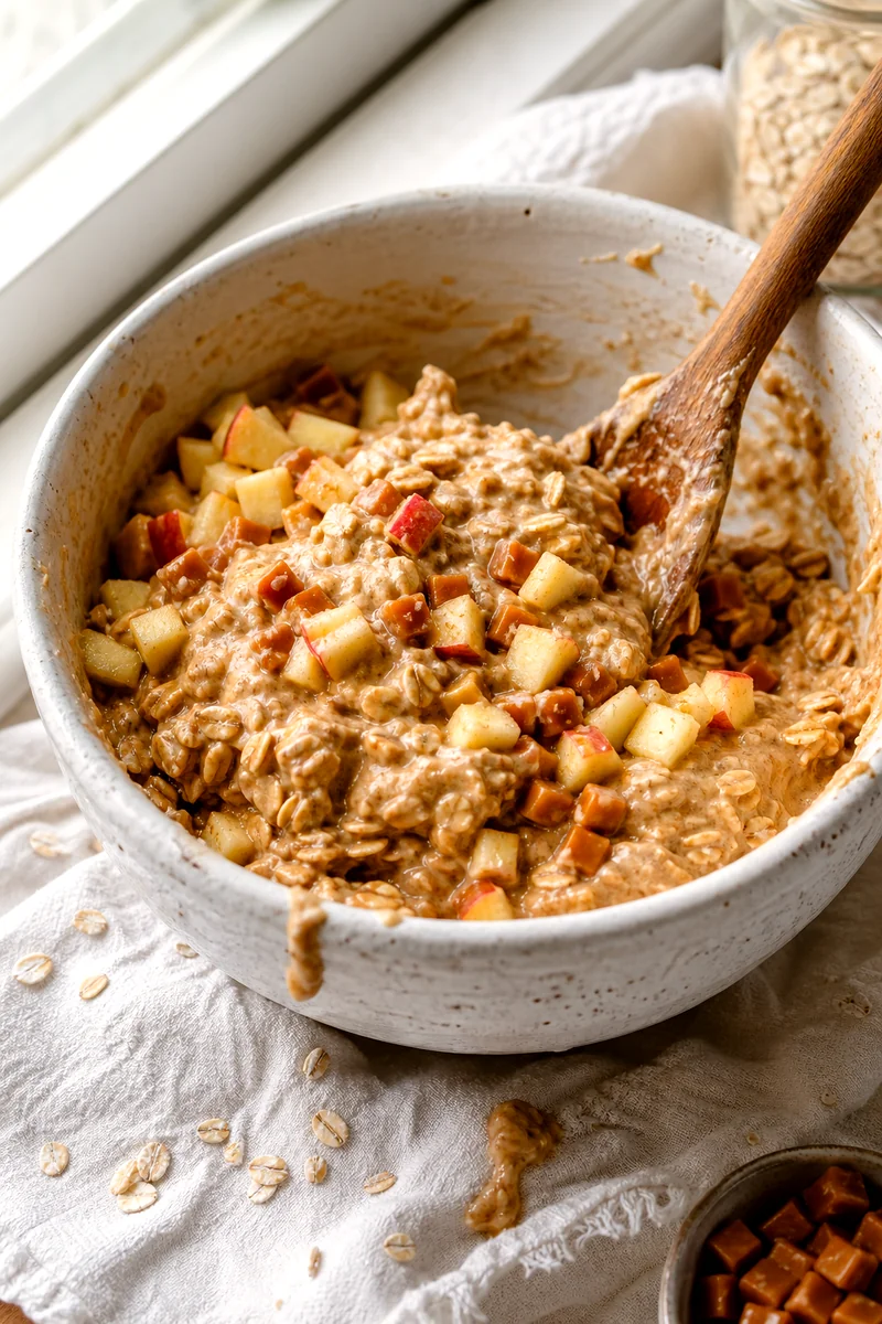 Wooden spoon folding diced apple and caramel bits into thick oatmeal cookie dough