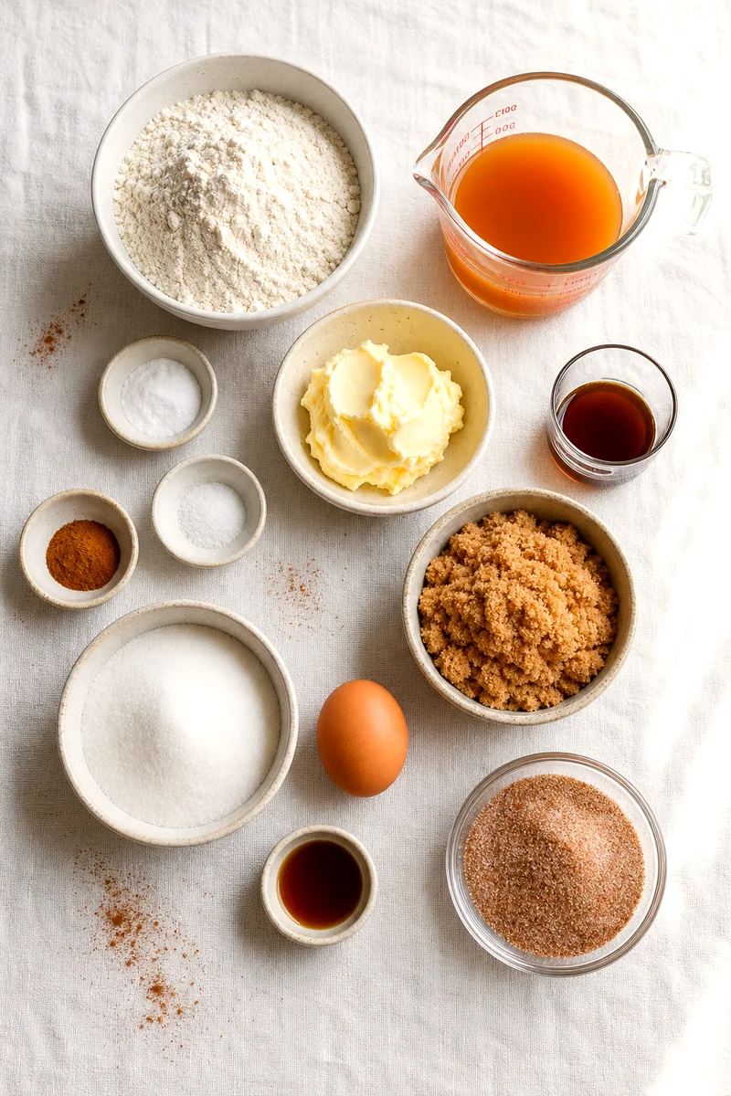 Cookie ingredients arranged on white linen, including apple cider, flour, butter, sugars, egg, vanilla, and spices