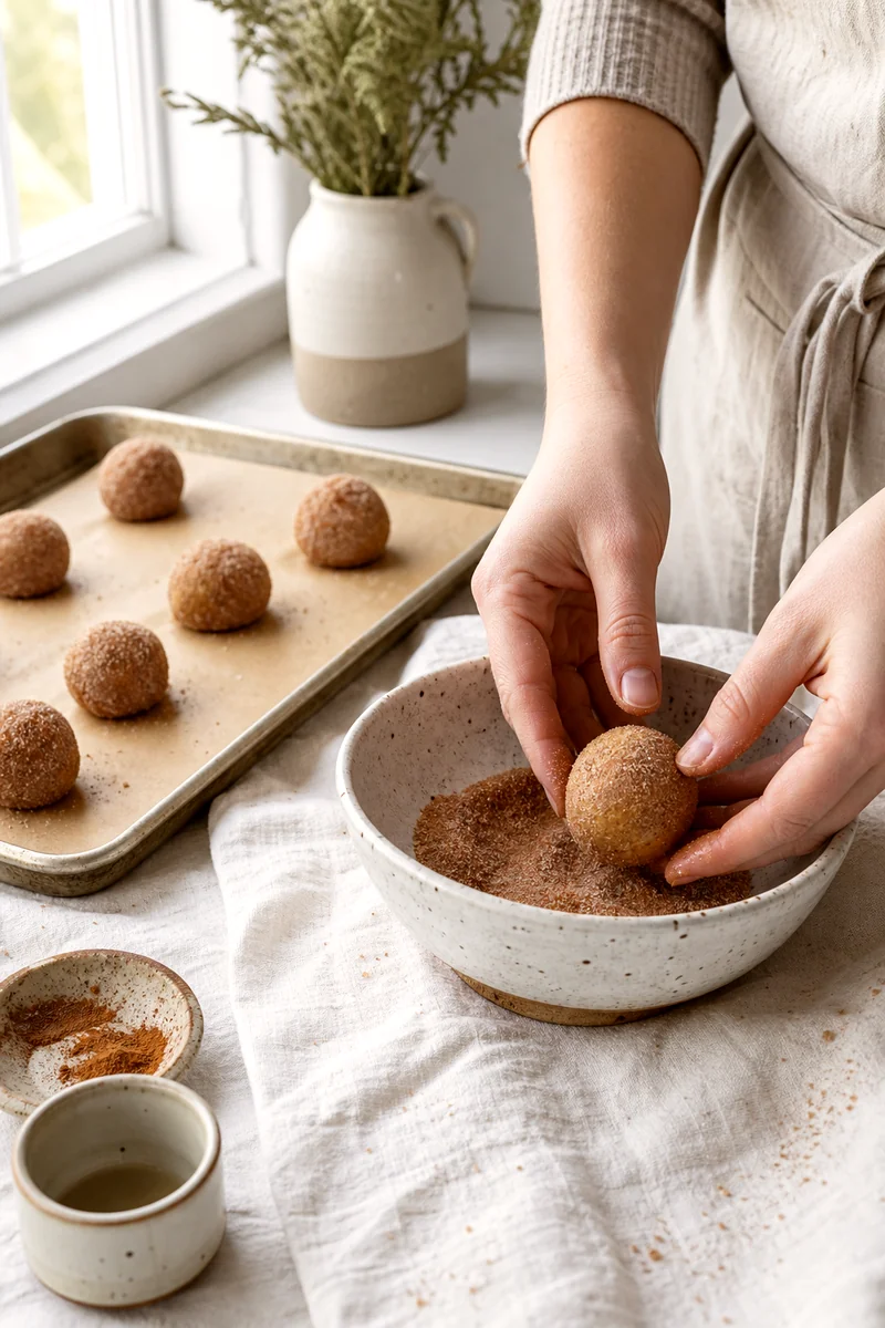 Hands coating chilled apple cider cookie dough balls in cinnamon sugar before baking