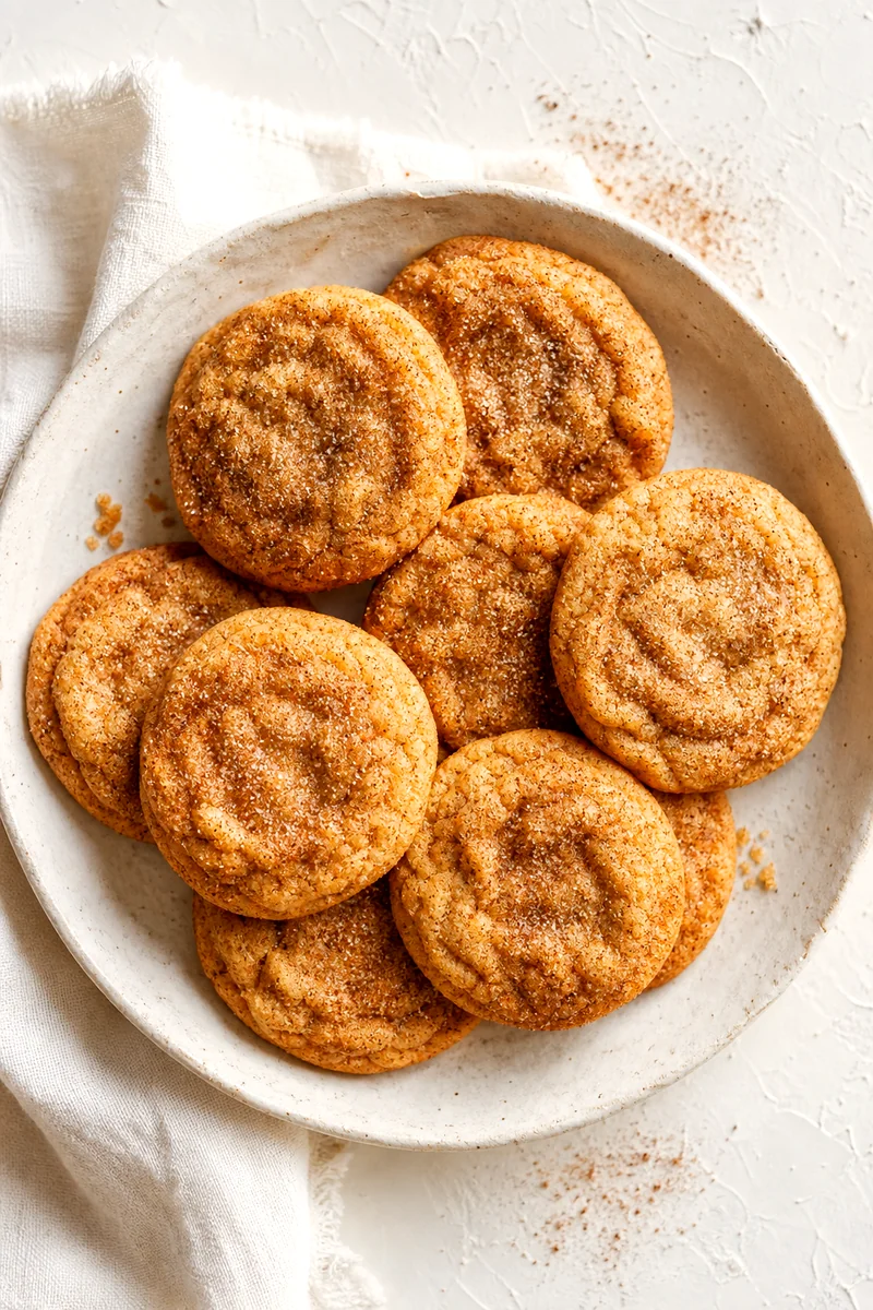 Golden cinnamon sugar apple cider cookies arranged in a white ceramic bowl and plate on white linen