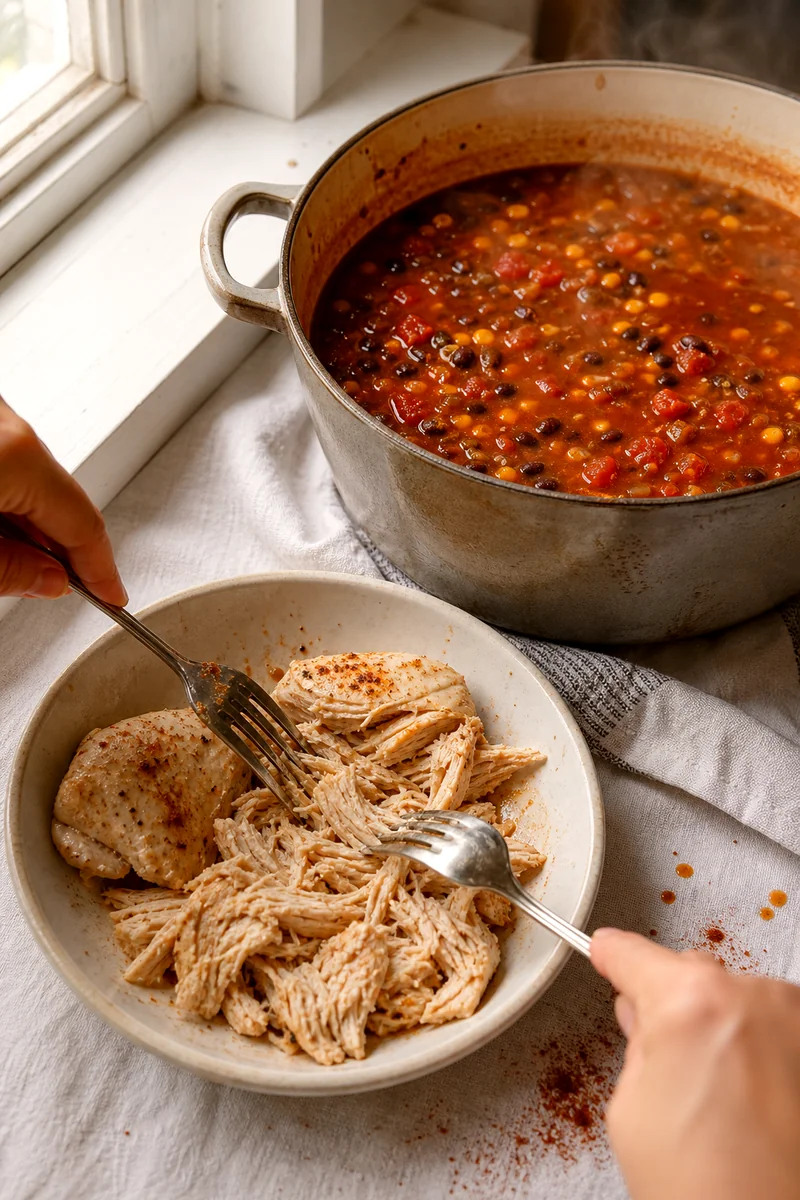 Tender chicken being shredded beside a pot of simmering enchilada soup with beans, corn, and tomatoes