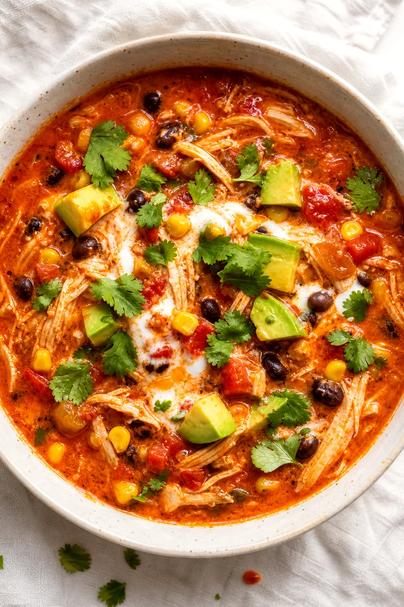 Overhead view of chicken enchilada soup with avocado, cilantro, black beans, corn, and creamy yogurt swirl