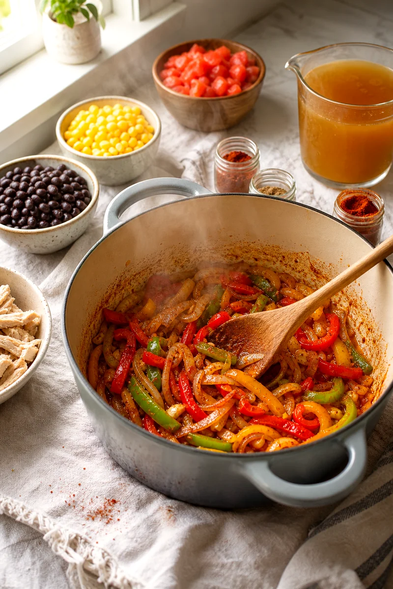 Bell peppers, onion, garlic, and spices sizzling in a pot with a wooden spoon