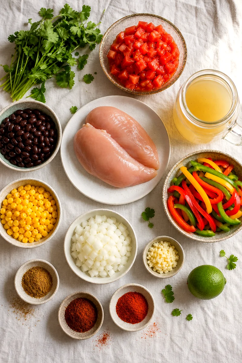 Chicken breast, bell peppers, beans, corn, tomatoes, broth, spices, lime, and cilantro arranged on white linen