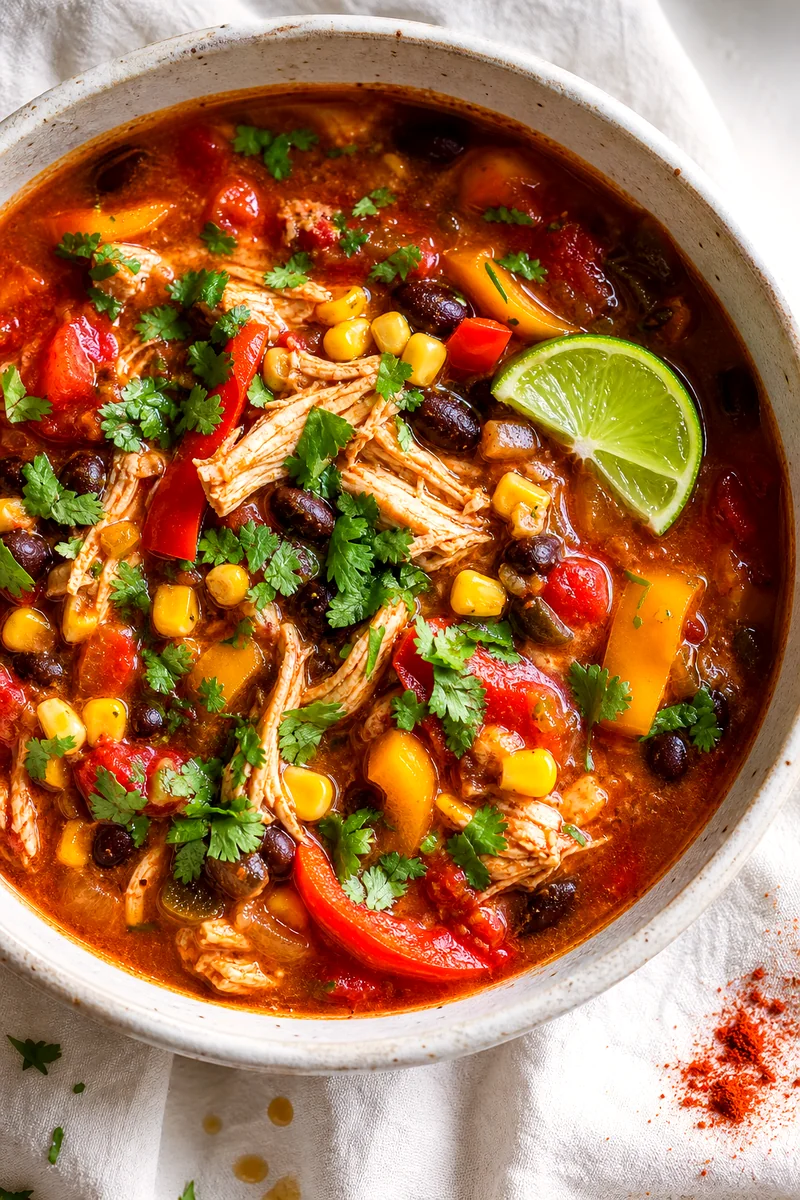 Top down view of chicken fajita soup with shredded chicken, peppers, beans, corn, cilantro, and lime