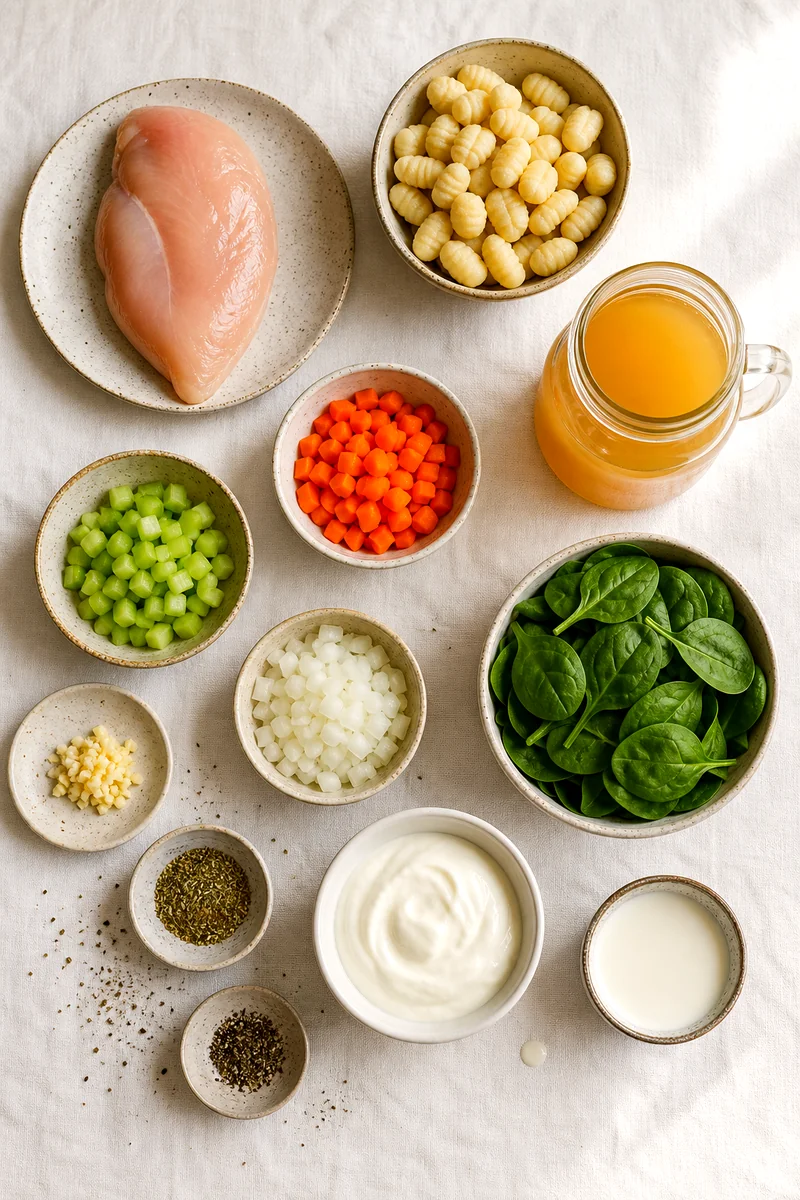 Chicken breast, gnocchi, vegetables, spinach, broth, milk, Greek yogurt, and seasonings arranged on white linen
